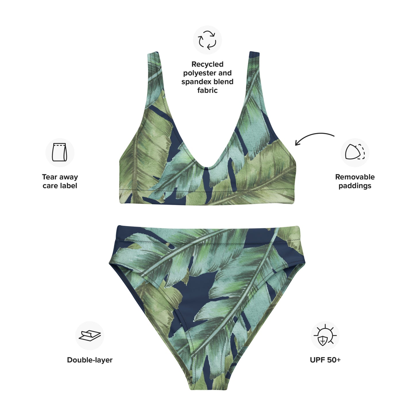 Recycelter Allover High Waist Bikini "Grüne Blätter"