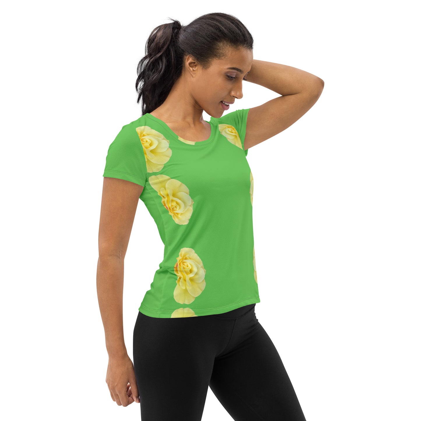 Allover-Sport-T-Shirt für Damen "Grün, mit gelbe Rosen"