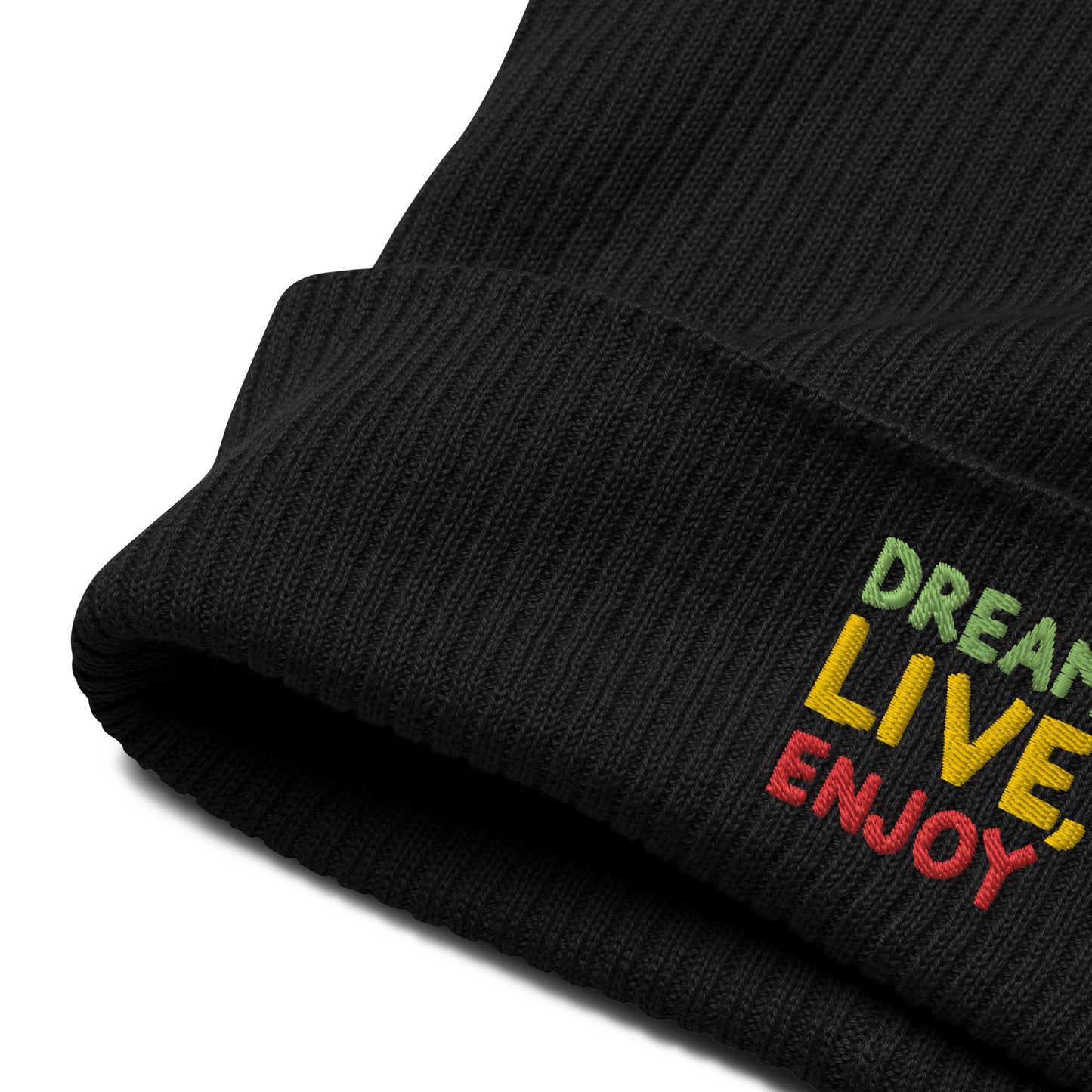 Gerippte Bio-Beanie 'Dream, live, enjoy'