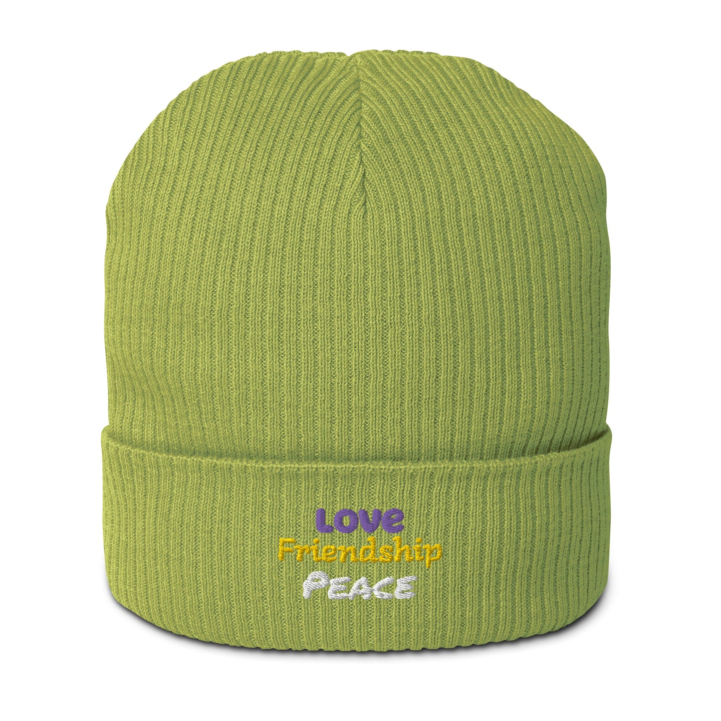 Gerippte Bio-Beanie 'Love, friendship, peace'