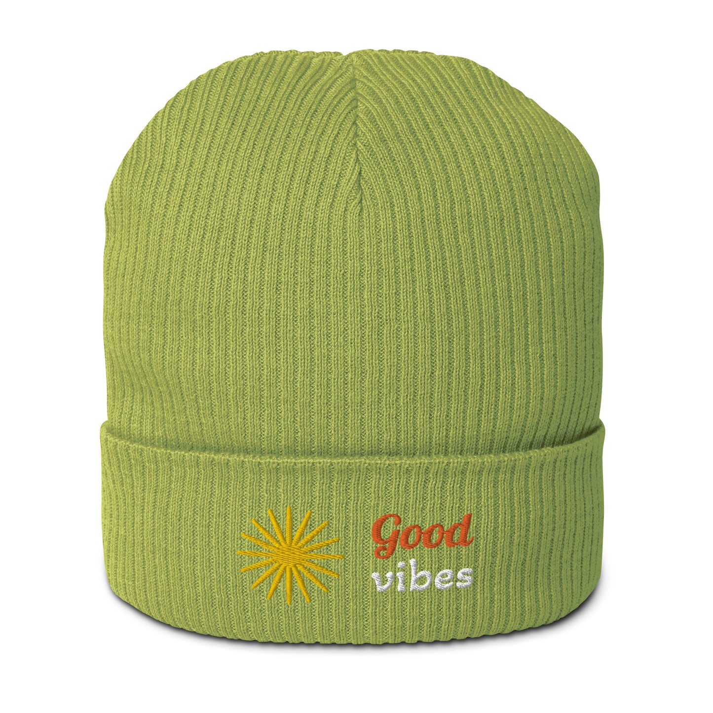 Gerippte Bio-Beanie 'Good vibes'