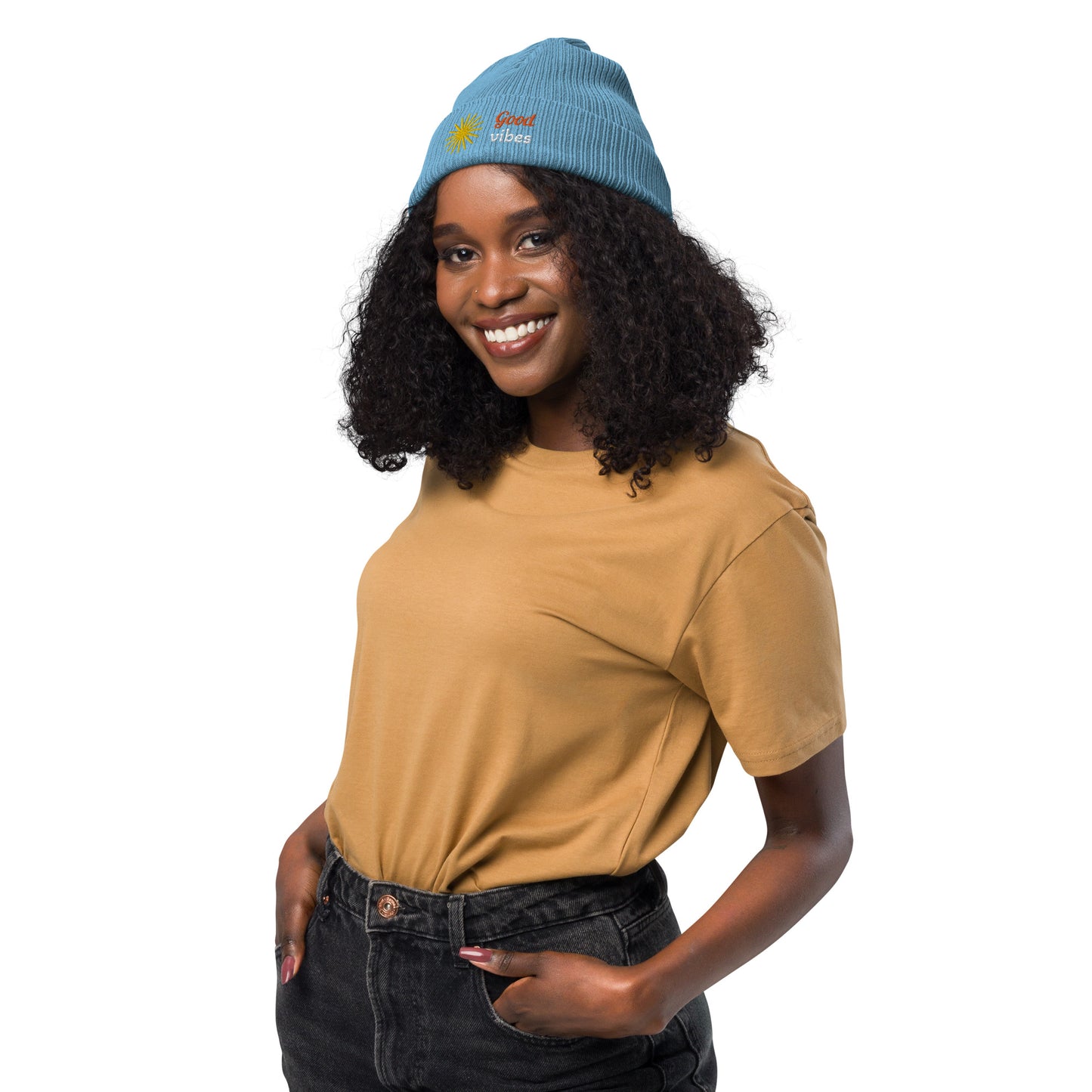 Gerippte Bio-Beanie 'Good vibes'