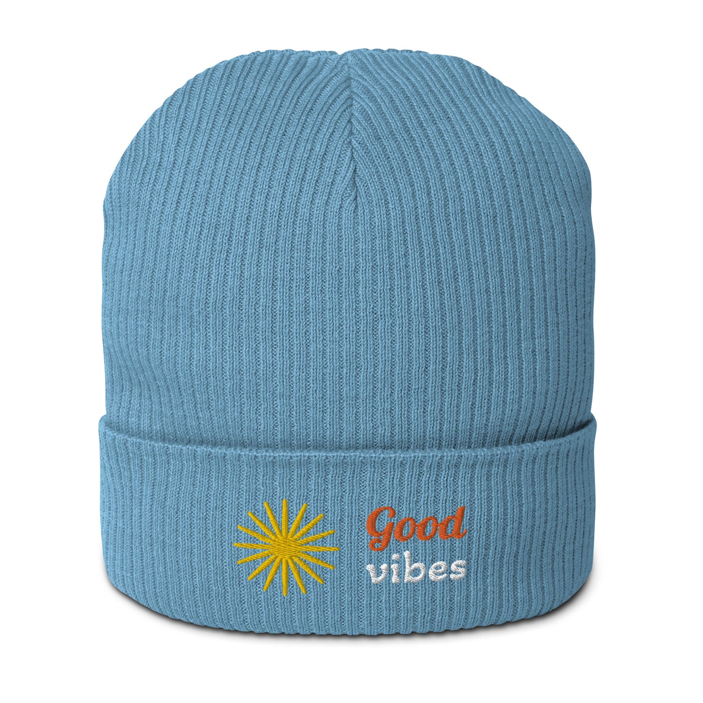 Gerippte Bio-Beanie 'Good vibes'