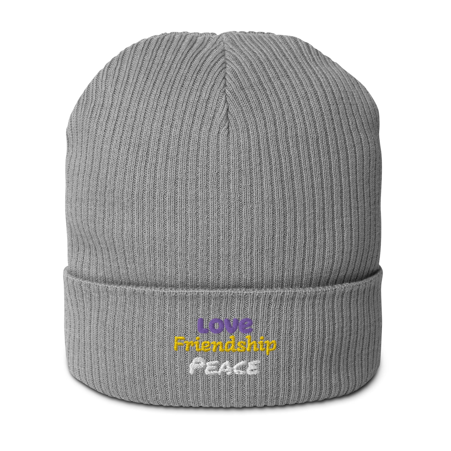 Gerippte Bio-Beanie 'Love, friendship, peace'