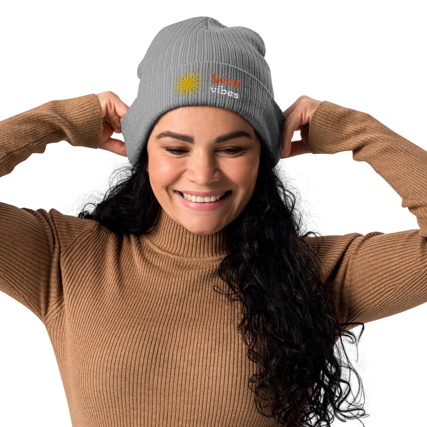 Gerippte Bio-Beanie 'Good vibes'