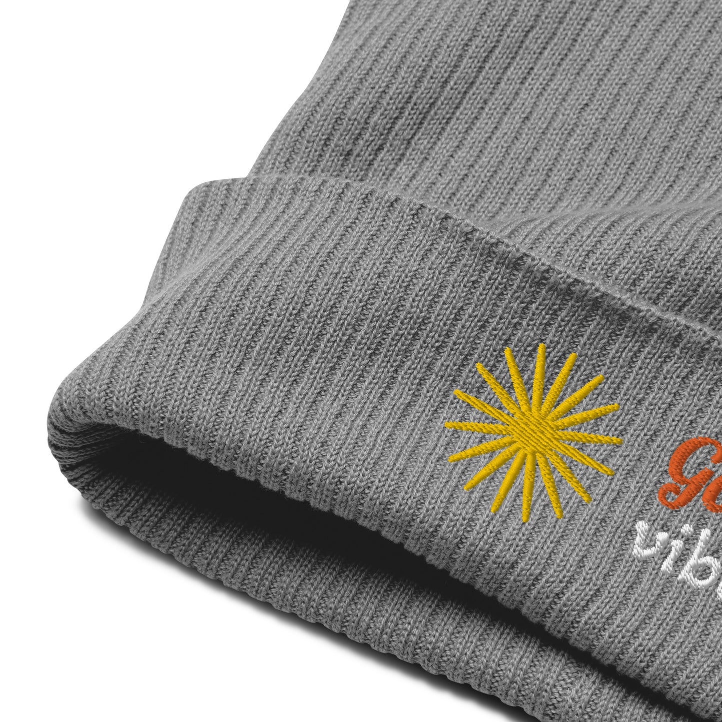 Gerippte Bio-Beanie 'Good vibes'