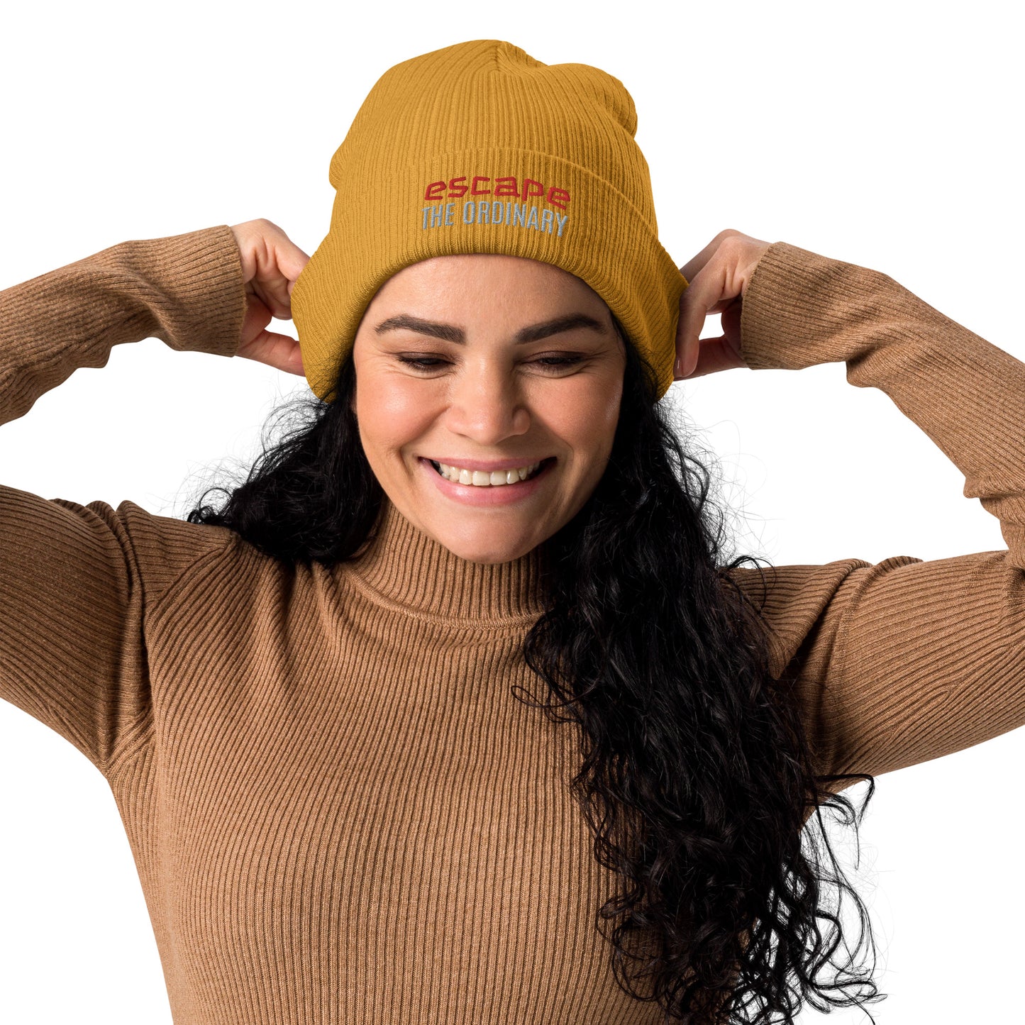 Gerippte Bio-Beanie 'Escape the ordinary'