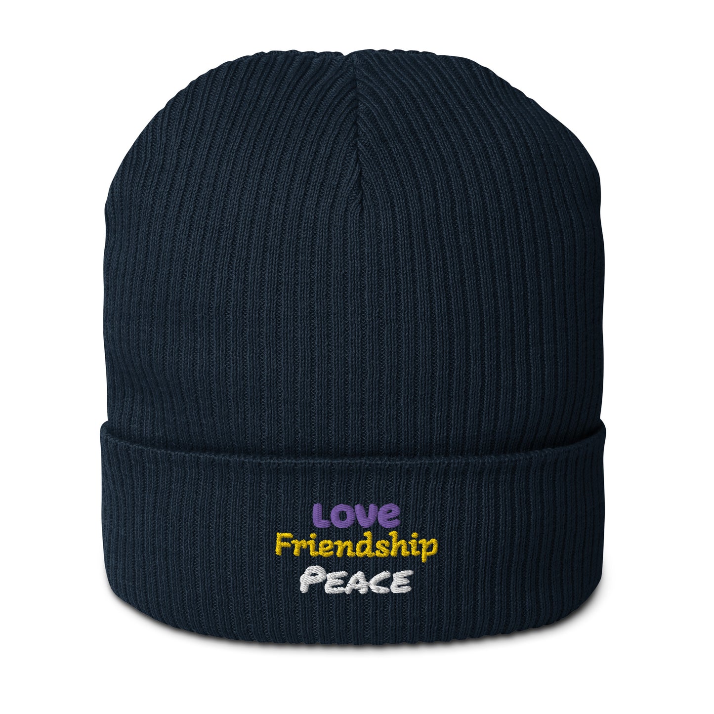 Gerippte Bio-Beanie 'Love, friendship, peace'