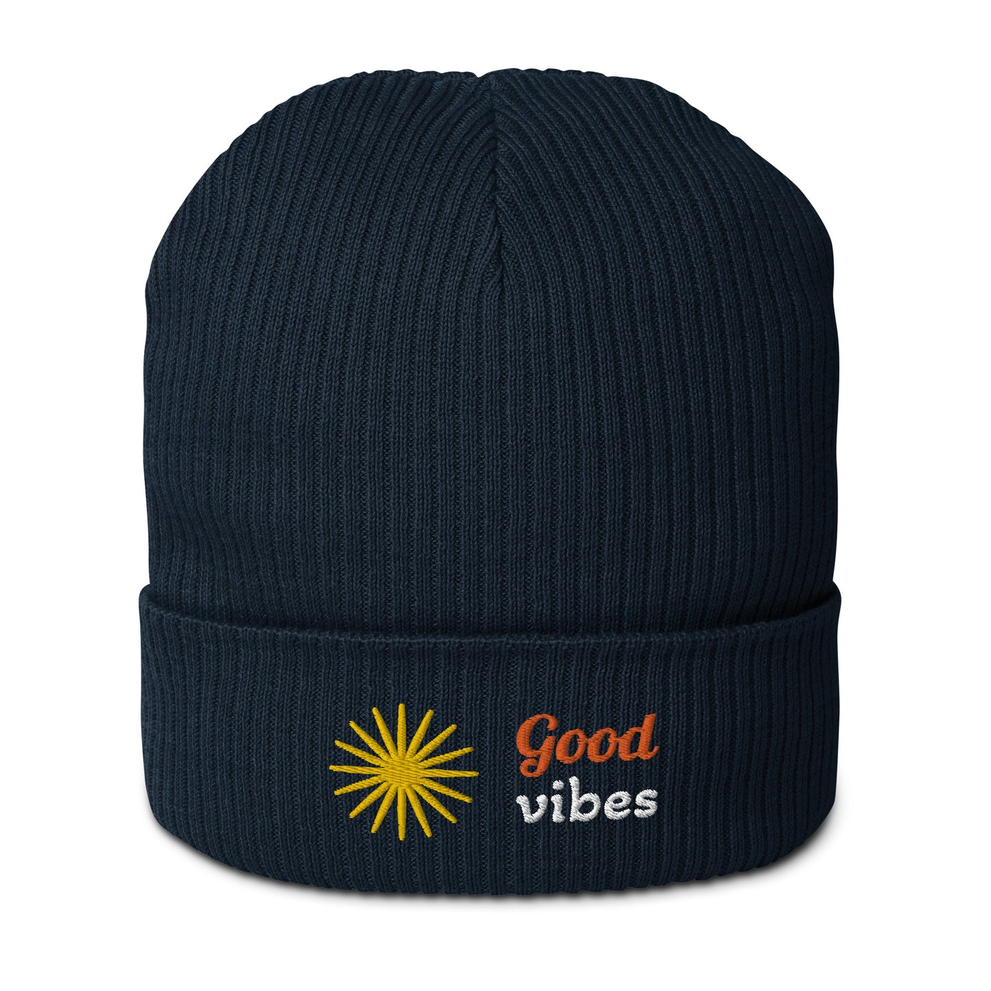 Gerippte Bio-Beanie 'Good vibes'