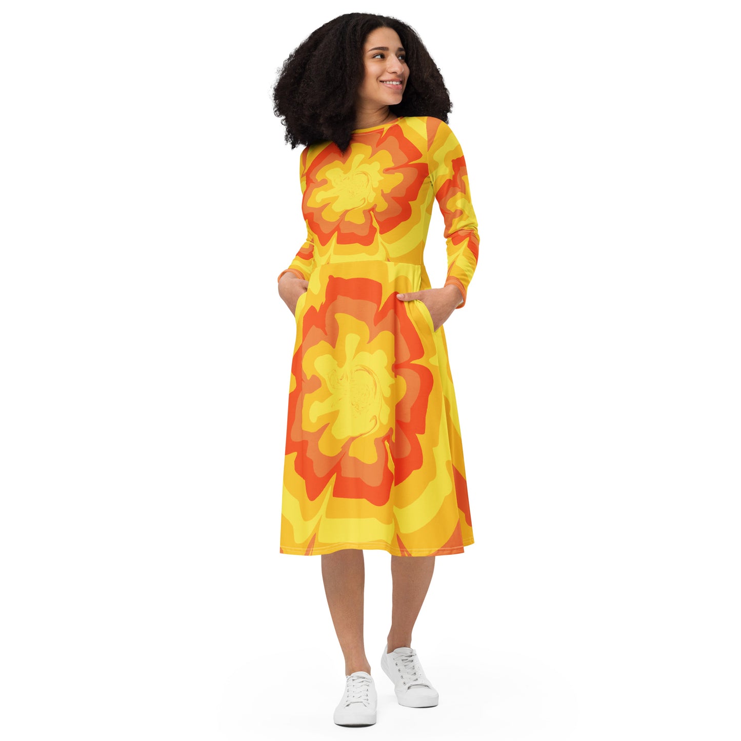 Langärmliges Midikleid mit Allover-Druck "Orange-gelb"