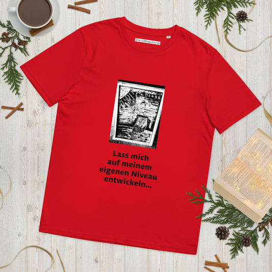 Aus 100 % organischer, ringgesponnener Baumwolle: dieses Unisex T-Shirt ist ein absolutes Must-Have. Es ist qualitativ hochwertig, super bequem und das Beste von allem: umweltfreundlich.  Es ist Teil einer Serie von 7 Designs, die aufeinander aufbauen und eine kleine, aber wichtige Geschichte erzählen. Nummer 4: Lass mich auf meinem eigenen Niveau entwickeln...