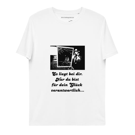 Aus 100 % organischer, ringgesponnener Baumwolle: dieses Unisex T-Shirt ist ein absolutes Must-Have. Es ist qualitativ hochwertig, super bequem und das Beste von allem: umweltfreundlich.  Unisex-Bio-Baumwoll-T-Shirt "Es liegt bei dir. Nur du bist für dein Glück verantwortlich... "  • 100 % organische, ringgesponnene Baumwolle • Stoffgewicht: 180 g/m² • Single Jersey • Medium-Fit • Eingesetzte Ärmel • 1×1 Ripp am Kragen