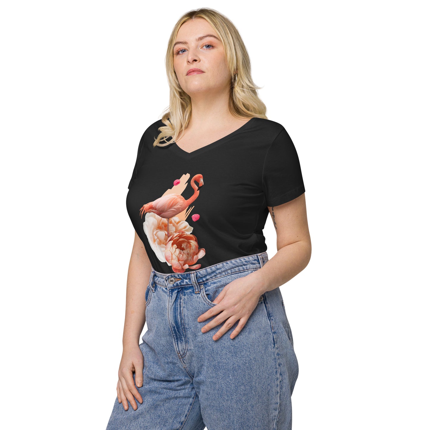 Figurbetontes Damen-T-Shirt mit V-Ausschnitt | B&C TW045 "Der Kolibri als Krafttier"