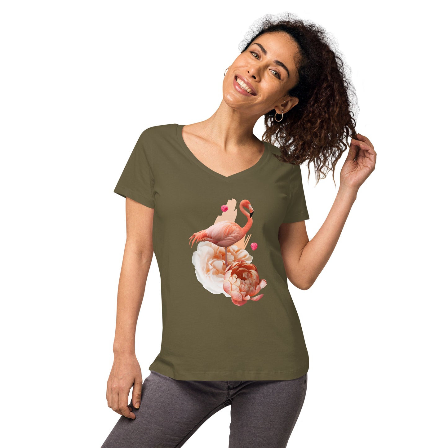 Figurbetontes Damen-T-Shirt mit V-Ausschnitt | B&C TW045 "Der Kolibri als Krafttier"